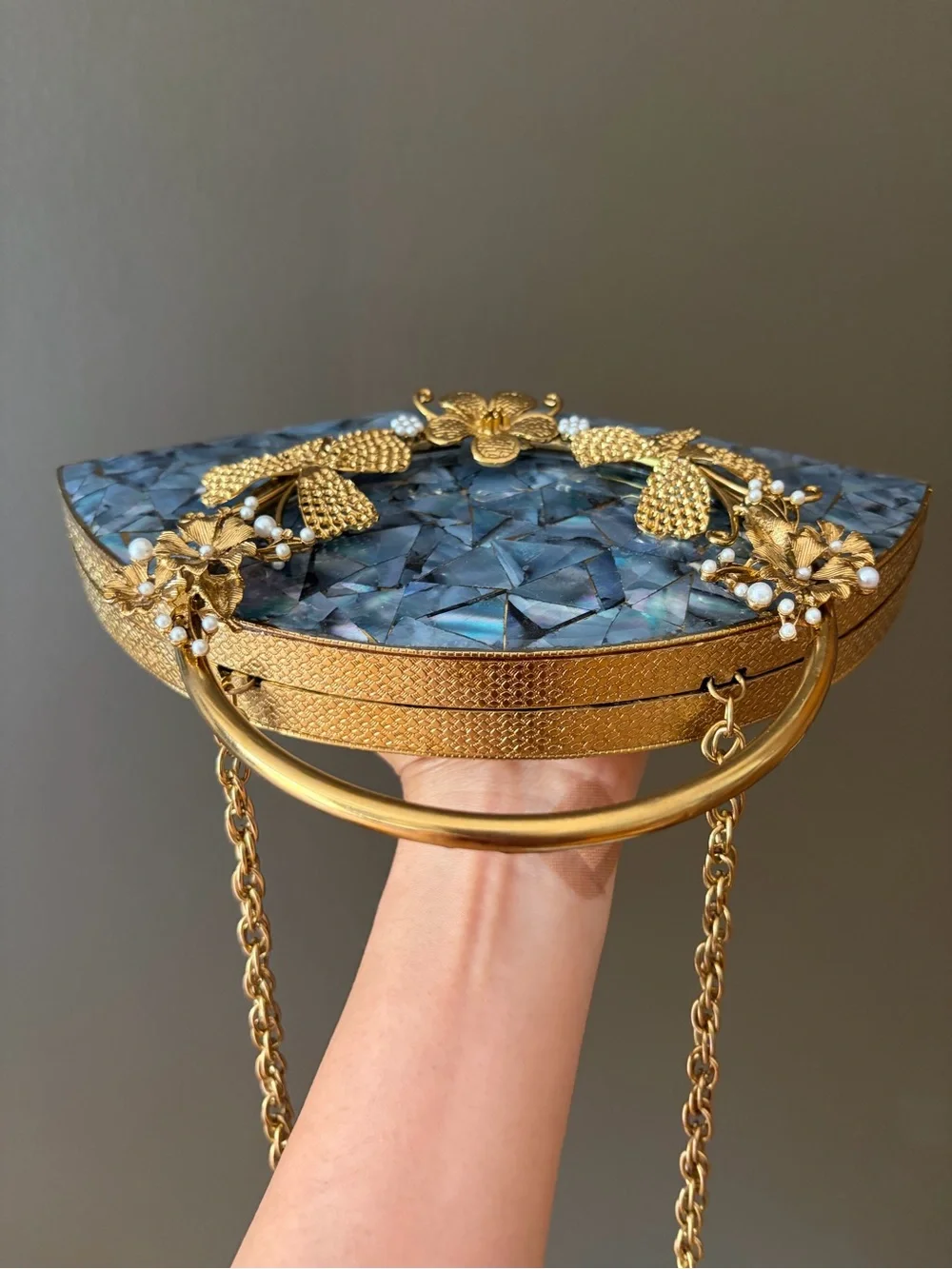 Gold Floral-Accent Iridescent Shell Evening Bag